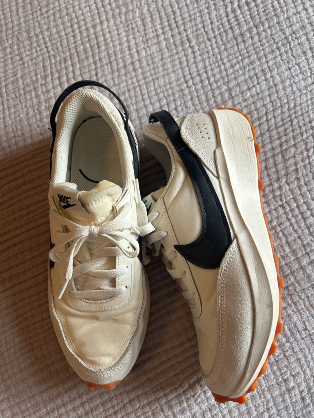 Nike Cream and Black Waffle-Style Sneakers with Orange Outsole